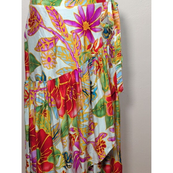 VINTAGE Cynthia Rowley Wrap Skirt Womens L Tropical High Low Ruffle Boho Rare - Picture 4 of 15